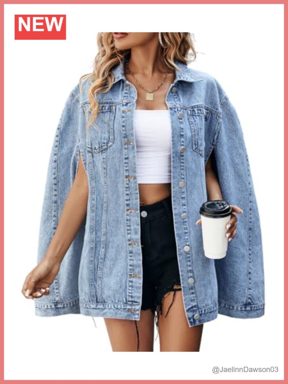 Womens Denim Cape Jacket Poncho Style Loose Fit Open Arm Jean Coat